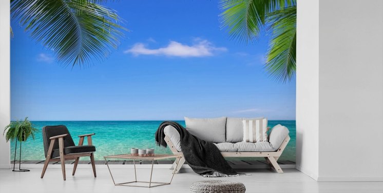 blå tropisk tapetväggmålning kallad Tropical Deck View på Wallsauce för sovrum, badrum och kontor