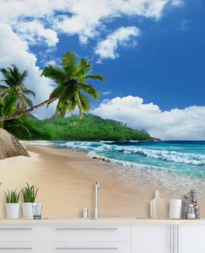 anpassad tropisk strand tapet kallad Mahe Island Beach, Seychellerna för kontor och kök anpassad tropisk strand tapet kallad Mahe Island Beach, Seychellerna för kontor och kök