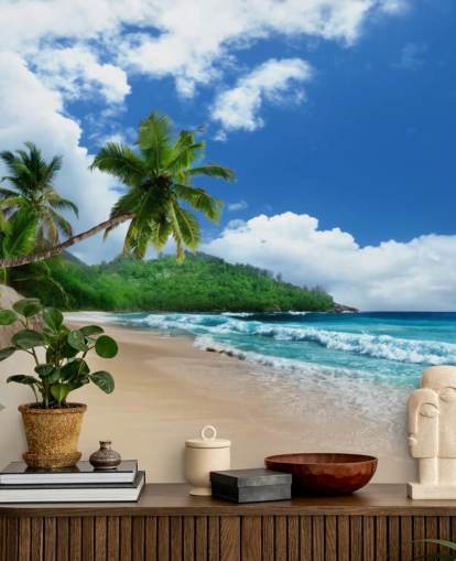 anpassad tropisk strand tapet kallad Mahe Island Beach, Seychellerna för kontor och kök anpassad tropisk strand tapet kallad Mahe Island Beach, Seychellerna för kontor och kök