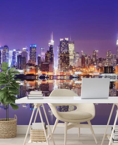 custom New York at night wallpaper mural called Manhattan Reflections for offices custom New York at night wallpaper mural called Manhattan Reflections for offices