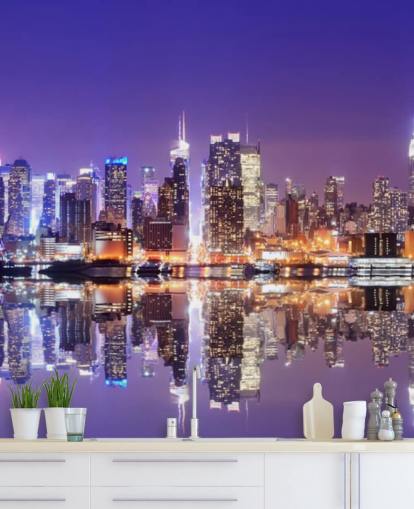 mural de papel de parede personalizado de Nova York à noite chamado Manhattan Reflections para escritórios mural de papel de parede personalizado de Nova York à noite chamado Manhattan Reflections para escritórios