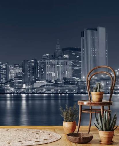 schwarz-weißes individuelles New York City-Tapeten-Wandbild mit dem Titel Manhattan at Night für Wohnzimmer, Büros und Schlafzimmer schwarz-weißes individuelles New York City-Tapeten-Wandbild mit dem Titel Manhattan at Night für Wohnzimmer, Büros und Schlafzimmer