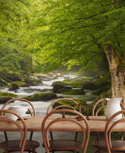 groene en grijze muurschildering op het rivierbos genaamd Great Smoky Mountains Tremont River groene en grijze muurschildering op het rivierbos genaamd Great Smoky Mountains Tremont River