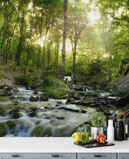 papel pintado de cascada verde llamado Forest Waterfall en Wallsauce para dormitorios, baños y oficinas papel pintado de cascada verde llamado Forest Waterfall en Wallsauce para dormitorios, baños y oficinas