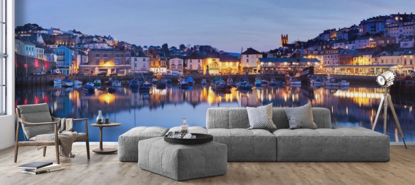Carta da parati panoramica illuminata del porto di notte