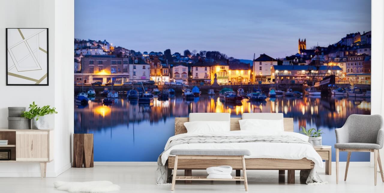 Carta da parati panoramica illuminata del porto di notte