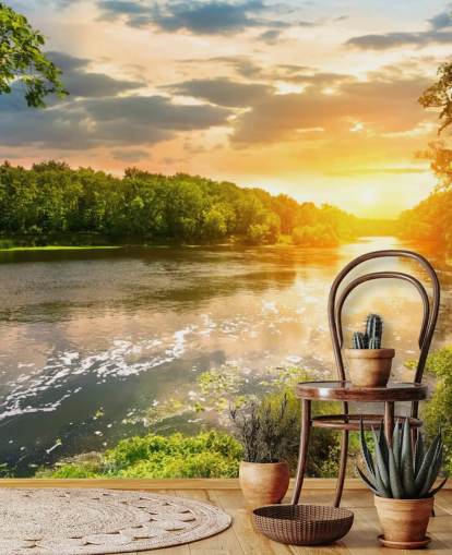 azul e verde, pôr do sol personalizável, rio no campo, mural de papel de parede chamado River Sunset para salas de jantar e escritórios azul e verde, pôr do sol personalizável, rio no campo, mural de papel de parede chamado River Sunset para salas de jantar e escritórios