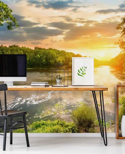 blauwe en groene aanpasbare zonsondergang, rivier op het platteland, muurschildering genaamd River Sunset voor eetkamers en kantoren blauwe en groene aanpasbare zonsondergang, rivier op het platteland, muurschildering genaamd River Sunset voor eetkamers en kantoren