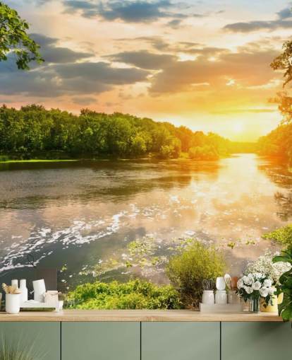 azul e verde, pôr do sol personalizável, rio no campo, mural de papel de parede chamado River Sunset para salas de jantar e escritórios azul e verde, pôr do sol personalizável, rio no campo, mural de papel de parede chamado River Sunset para salas de jantar e escritórios