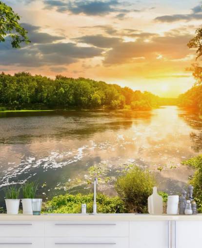 blå och grön anpassningsbar solnedgångsflod på landsbygden tapetväggmålning som heter River Sunset för matsalar och kontor blå och grön anpassningsbar solnedgångsflod på landsbygden tapetväggmålning som heter River Sunset för matsalar och kontor