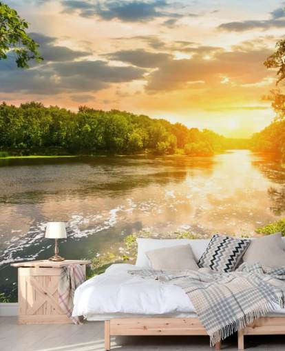 blå och grön anpassningsbar solnedgångsflod på landsbygden tapetväggmålning som heter River Sunset för matsalar och kontor blå och grön anpassningsbar solnedgångsflod på landsbygden tapetväggmålning som heter River Sunset för matsalar och kontor