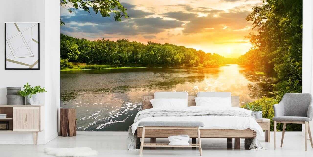 papier peint mural personnalisable bleu et vert au coucher du soleil sur la rivière à la campagne appelé River Sunset pour les salles à manger et les bureaux papier peint mural personnalisable bleu et vert au coucher du soleil sur la rivière à la campagne appelé River Sunset pour les salles à manger et les bureaux