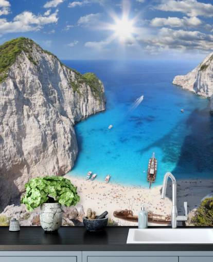 vit och blå Grekland strand tapet väggmålning som heter Navagio Beach, Zakynthos för hemmakontor, sovrum och kök vit och blå Grekland strand tapet väggmålning som heter Navagio Beach, Zakynthos för hemmakontor, sovrum och kök