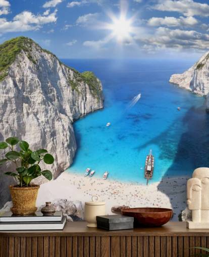 white and blue greece beach wallpaper mural called Navagio Beach, Zakynthos for home offices, bedrooms and kitchens white and blue greece beach wallpaper mural called Navagio Beach, Zakynthos for home offices, bedrooms and kitchens