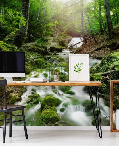 green waterfall wallpaper mural called Foggy Forest Waterfall for offices and bathrooms green waterfall wallpaper mural called Foggy Forest Waterfall for offices and bathrooms