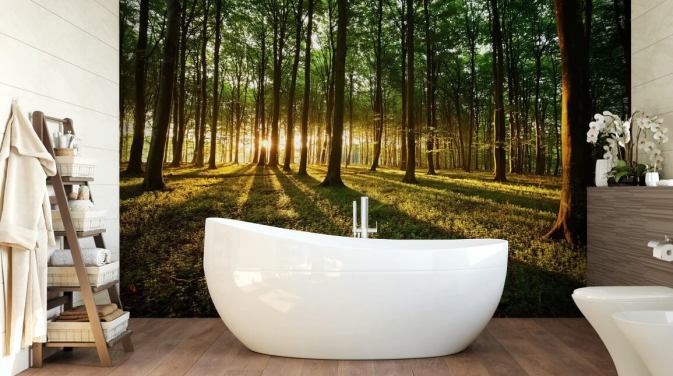 green customisable tree wallpaper mural called Rays of Light for office