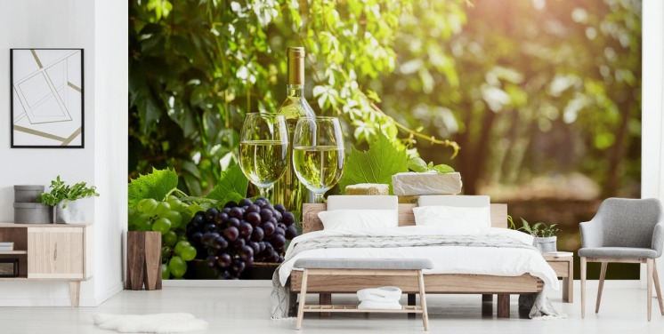 Two Glasses of Wine and Cheese on a Barrel Wallpaper