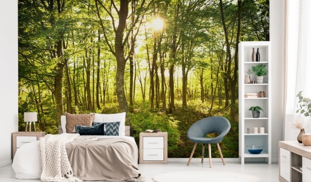 vihreä ja ruskea muokattava metsätaustakuvamaalaus nimeltä Enchanted Woodland kotiin tai toimistoon