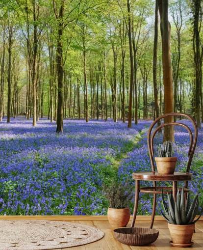 grøn og blå tilpasselig skovtapet vægmaleri kaldet Bluebells i Wepham Woods til soveværelser grøn og blå tilpasselig skovtapet vægmaleri kaldet Bluebells i Wepham Woods til soveværelser