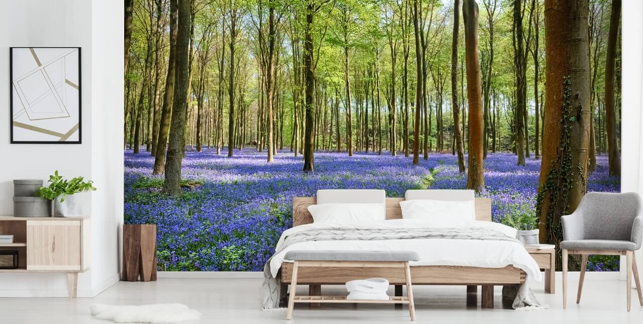 mural de papel pintado de bosque personalizable en verde y azul llamado Bluebells in Wepham Woods para dormitorios mural de papel pintado de bosque personalizable en verde y azul llamado Bluebells in Wepham Woods para dormitorios