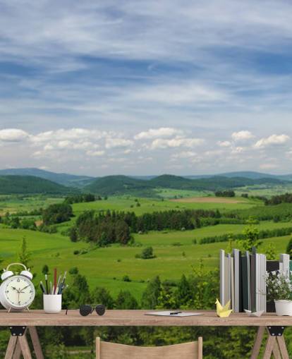 blue and green custom forest wallpaper called Summer Vista for offices blue and green custom forest wallpaper called Summer Vista for offices