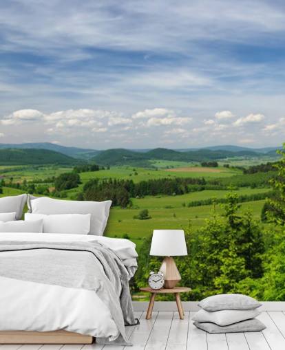 blue and green custom forest wallpaper called Summer Vista for offices blue and green custom forest wallpaper called Summer Vista for offices