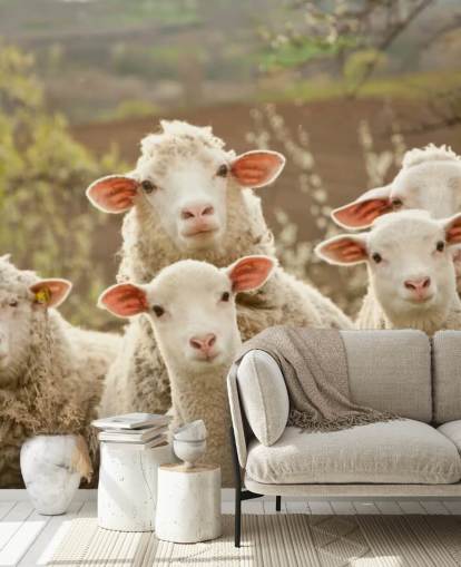 mural de papel pintado de ovejas blancas y verdes llamado Sheep on Pasture para hogares y negocios mural de papel pintado de ovejas blancas y verdes llamado Sheep on Pasture para hogares y negocios