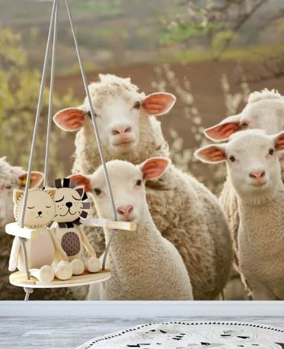 hvide og grønne får tapetmaleri kaldet Sheep on Pasture til hjem og virksomheder hvide og grønne får tapetmaleri kaldet Sheep on Pasture til hjem og virksomheder