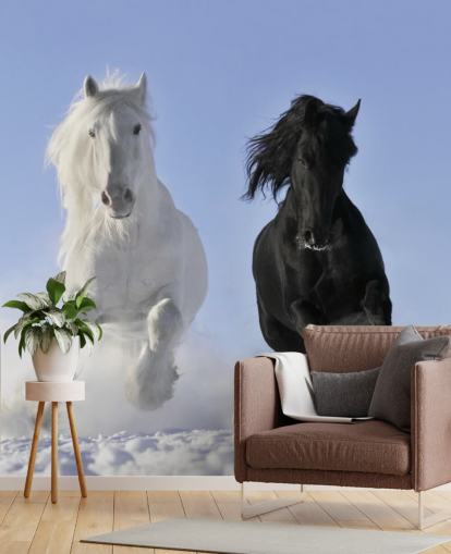 Mural Caballo blanco y negro saltando sobre una colina nevada Mural Caballo blanco y negro saltando sobre una colina nevada
