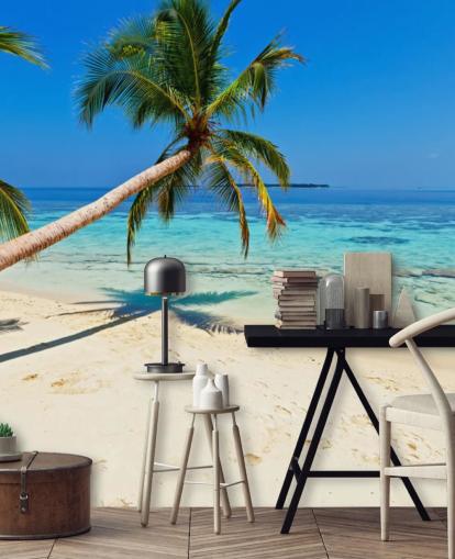 sininen ja hiekkainen trooppinen ranta taustakuvamaalaus nimeltä Palm Fringed Beach kodeille ja yrityksille sininen ja hiekkainen trooppinen ranta taustakuvamaalaus nimeltä Palm Fringed Beach kodeille ja yrityksille