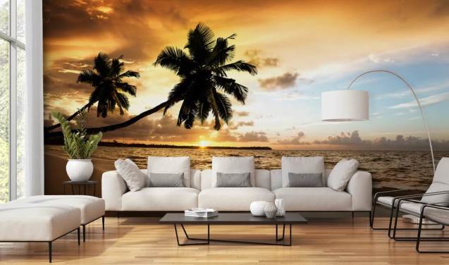 Mural de pared Atardecer en una playa tropical