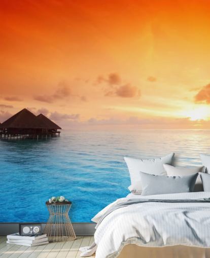 Sunset Beach and Over Water Bungalow Wallpaper Sunset Beach and Over Water Bungalow Wallpaper