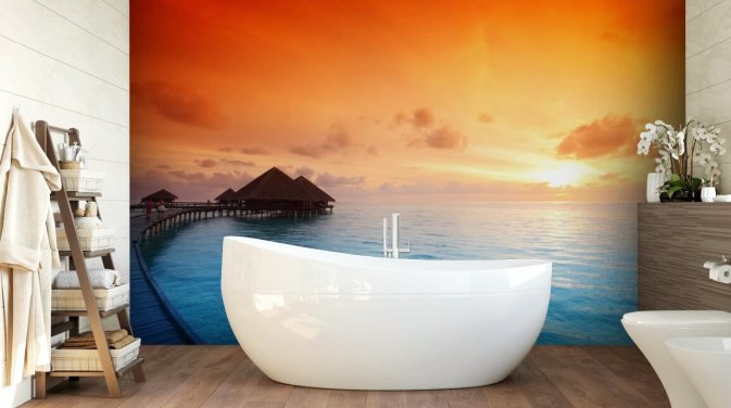 Sunset Beach and Over Water Bungalow Wallpaper