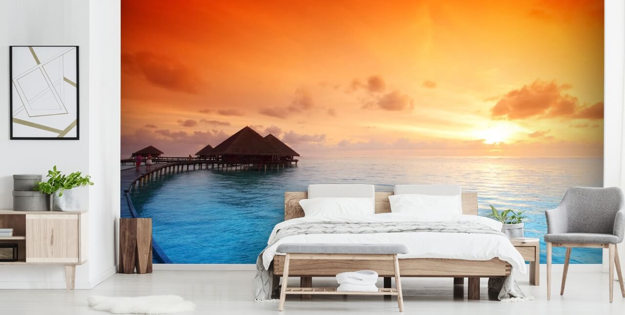 Sunset Beach og Over vand Bungalow Baggrund