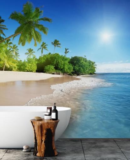blue customisable beach wallpaper mural called Caribbean Palms for bathrooms blue customisable beach wallpaper mural called Caribbean Palms for bathrooms