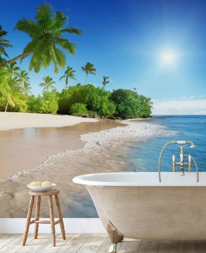 carta da parati murale da spiaggia personalizzabile blu chiamata Caribbean Palms per bagni carta da parati murale da spiaggia personalizzabile blu chiamata Caribbean Palms per bagni