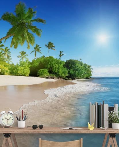 mural de papel de parede de praia personalizável azul chamado Caribbean Palms para banheiros mural de papel de parede de praia personalizável azul chamado Caribbean Palms para banheiros