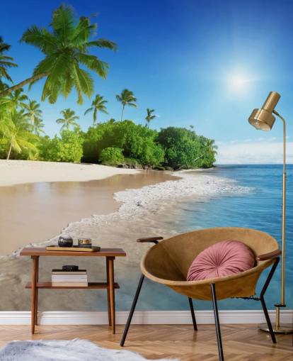 papier peint de plage personnalisable bleu appelé Caribbean Palms pour salles de bain papier peint de plage personnalisable bleu appelé Caribbean Palms pour salles de bain