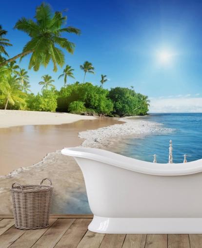 blue customisable beach wallpaper mural called Caribbean Palms for bathrooms blue customisable beach wallpaper mural called Caribbean Palms for bathrooms
