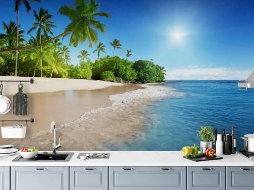 blått tilpassbart strandtapet veggmaleri kalt Caribbean Palms for bad