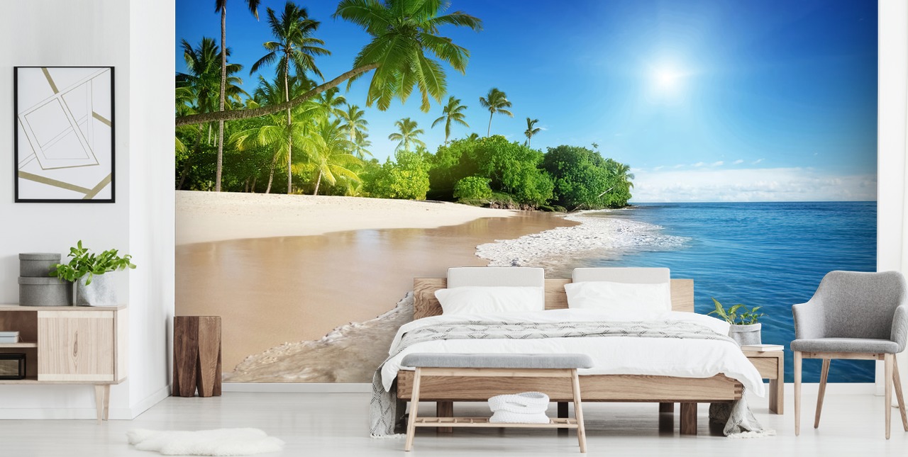 Blaues personalisierbares Strandtapeten-Wandbild namens Caribbean Palms für Badezimmer Blaues personalisierbares Strandtapeten-Wandbild namens Caribbean Palms für Badezimmer