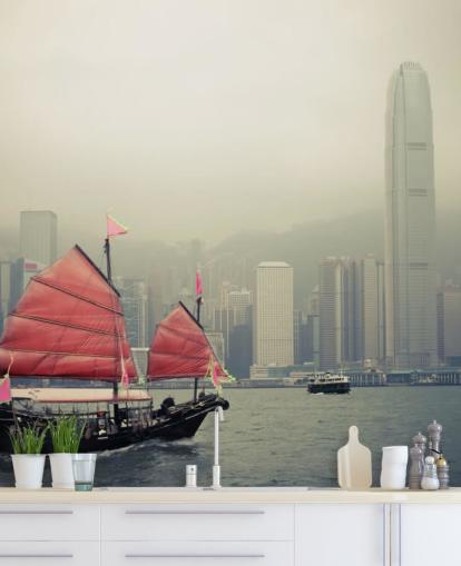 misty hong kong with boat wallpaper misty hong kong with boat wallpaper