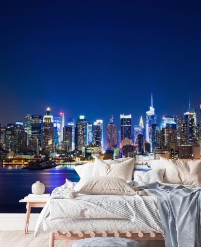 blue new york cityscape wallpaper mural called Manhattan Night Skyline for bedrooms and offices blue new york cityscape wallpaper mural called Manhattan Night Skyline for bedrooms and offices