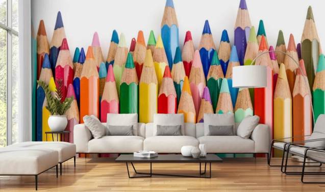 colourful kids wallpaper mural called Pencil Crayons for schools, kids bedrooms and playrooms