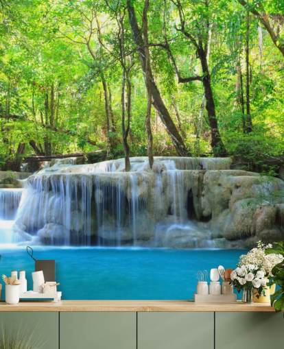 Blau-grüne, individuell gestaltbare Wasserfall-Tapete namens Erawan Waterfall, Thailand, für Büros, Schlafzimmer und Wohnzimmer Blau-grüne, individuell gestaltbare Wasserfall-Tapete namens Erawan Waterfall, Thailand, für Büros, Schlafzimmer und Wohnzimmer