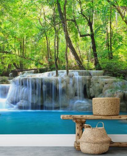 blue and green customisable waterfall wallpaper mural called Erawan Waterfall, Thailand for offices, bedrooms and living rooms blue and green customisable waterfall wallpaper mural called Erawan Waterfall, Thailand for offices, bedrooms and living rooms