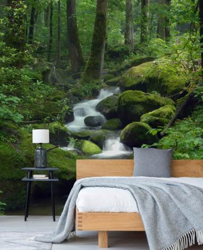 grön anpassningsbar vattenfall tapetväggmålning kallad Mossy Waterfall för vardagsrum och kök grön anpassningsbar vattenfall tapetväggmålning kallad Mossy Waterfall för vardagsrum och kök