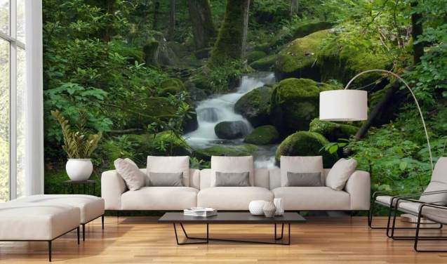 grüne, individuell gestaltbare Wasserfall-Tapete namens Mossy Waterfall für Wohnzimmer und Küche