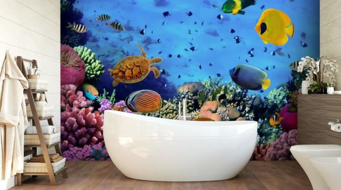 fargerikt tilpassbart fisketapetveggmaleri kalt Photo of a Coral Colony for barnas soverom