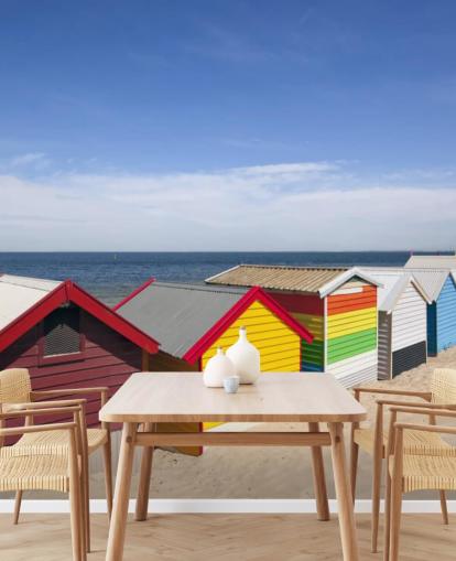 bunte Strandhütten auf Strandtapete bunte Strandhütten auf Strandtapete